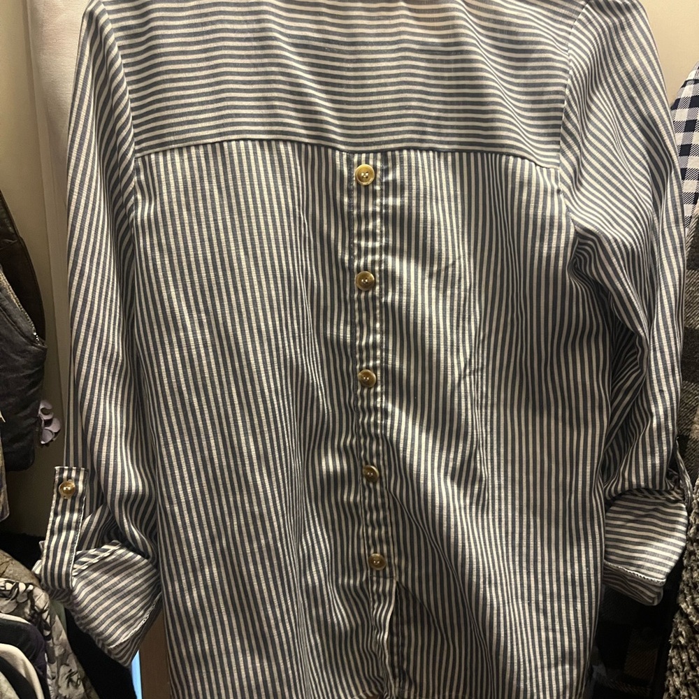 E & M Navy Striped Button-Front and Back Blouse - Picture 6 of 9